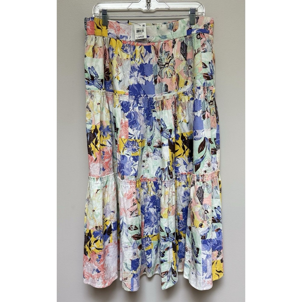 NWT INC International Womens Tier Maxi Skirt Butterflies Lrge Boho Cottage Linen